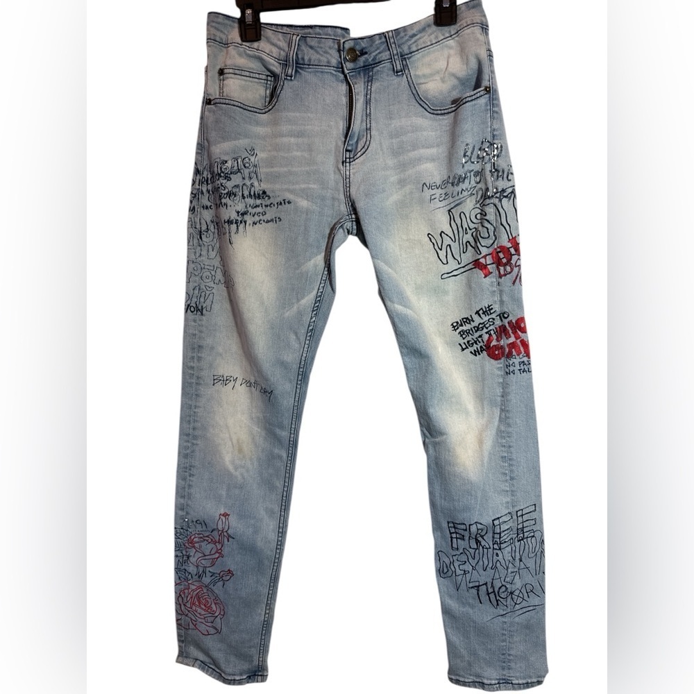 Young & Reckless Jeans Men's 30x30 Blue Denim Cotton Stretch Skinny Leg Zip Fly